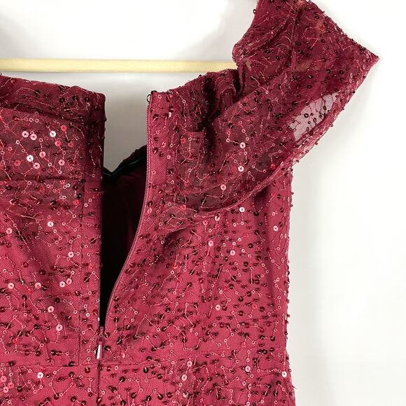 Teri Jon Burgundy Gown Sequin Beaded Tulle Off the Shoulder Dress Sz 2‎ Women's - Picture 9 of 9